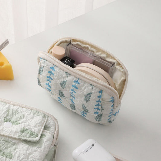 Quilted Floral Coin Purse-Small Cosmetic Bag with Zipper and Snap Pocket