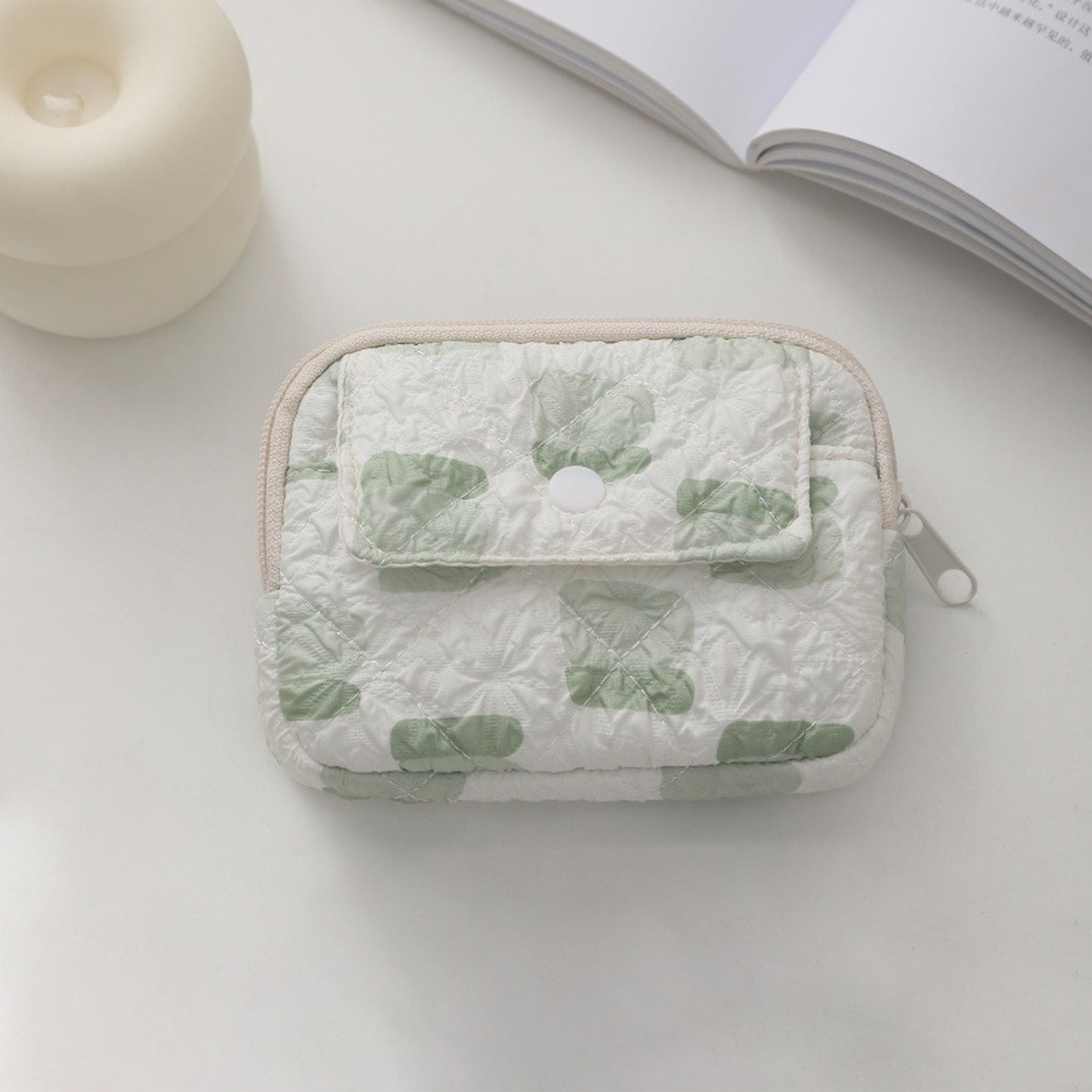 Quilted Floral Coin Purse-Small Cosmetic Bag with Zipper and Snap Pocket