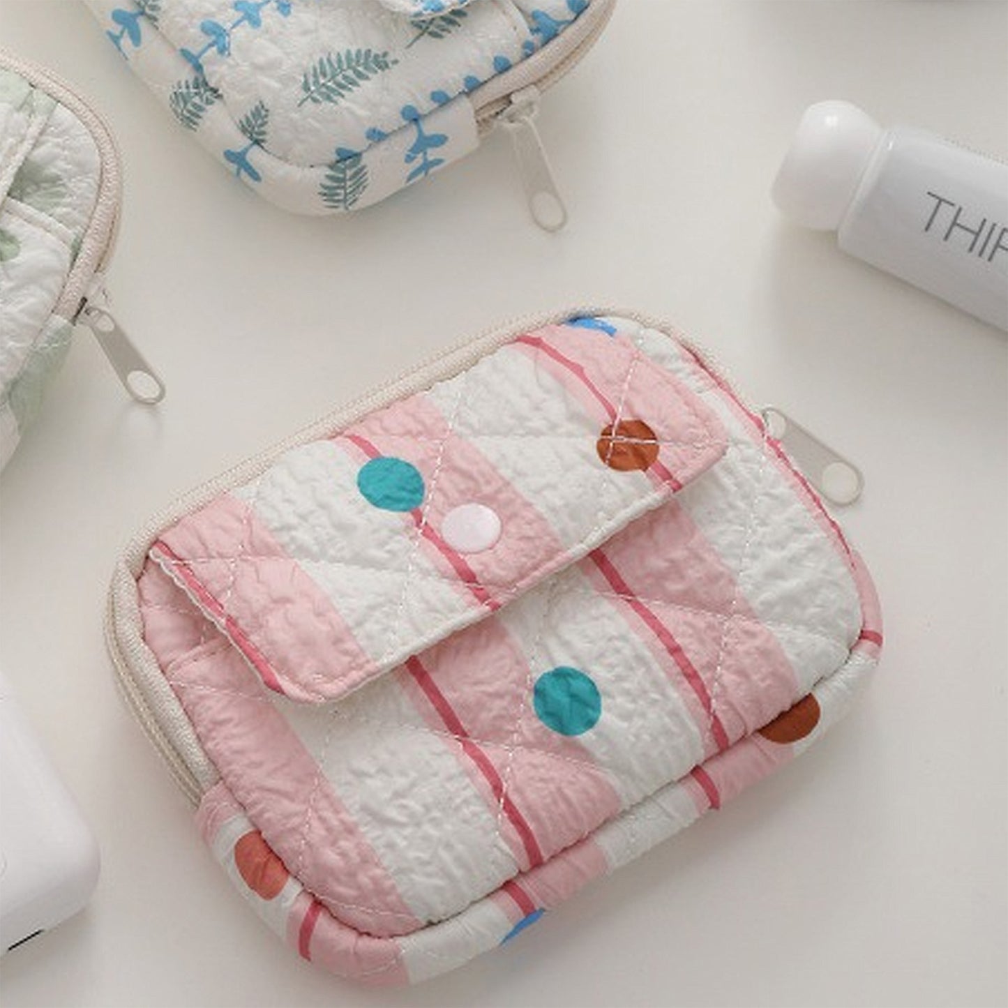 Quilted Floral Coin Purse-Small Cosmetic Bag with Zipper and Snap Pocket