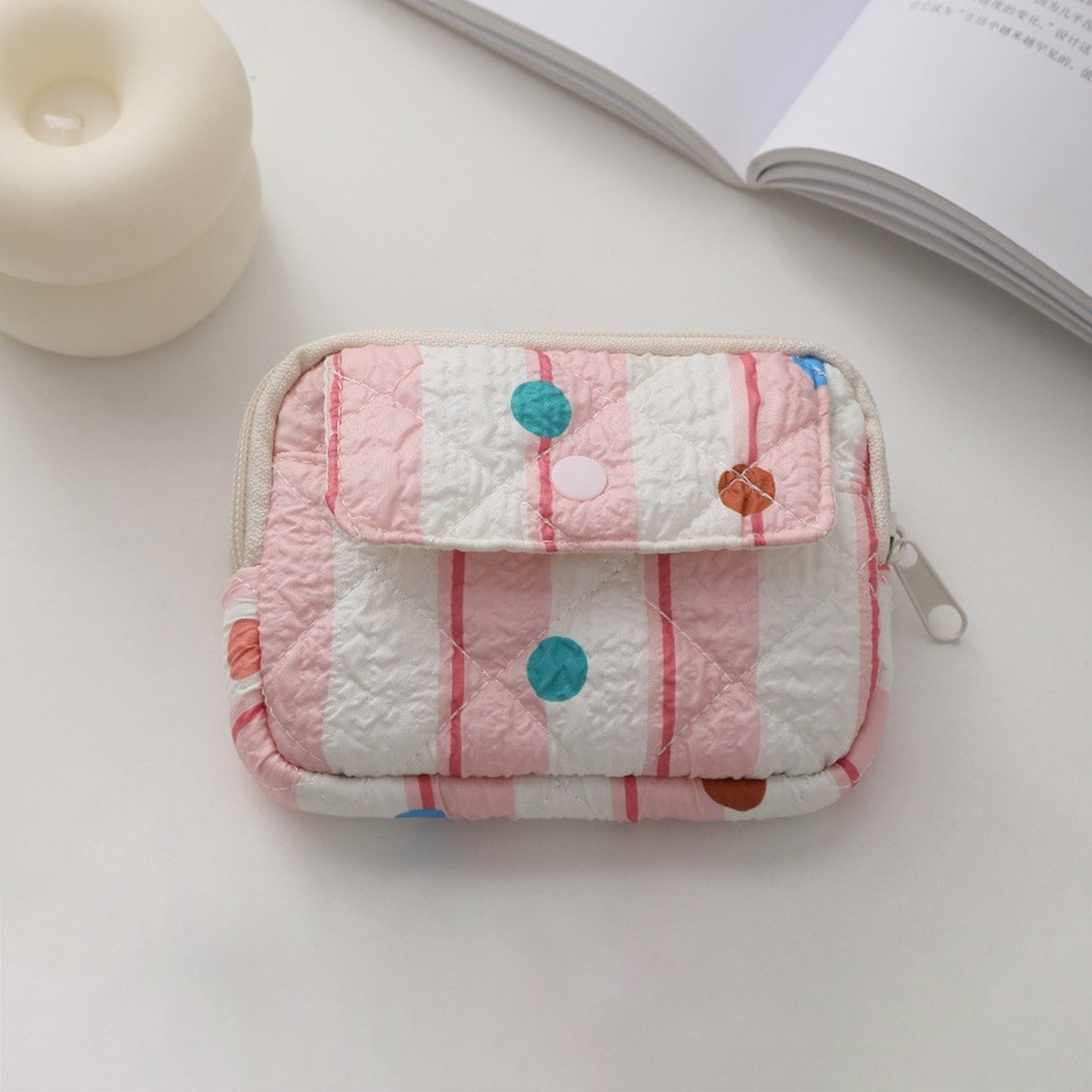 Quilted Floral Coin Purse-Small Cosmetic Bag with Zipper and Snap Pocket