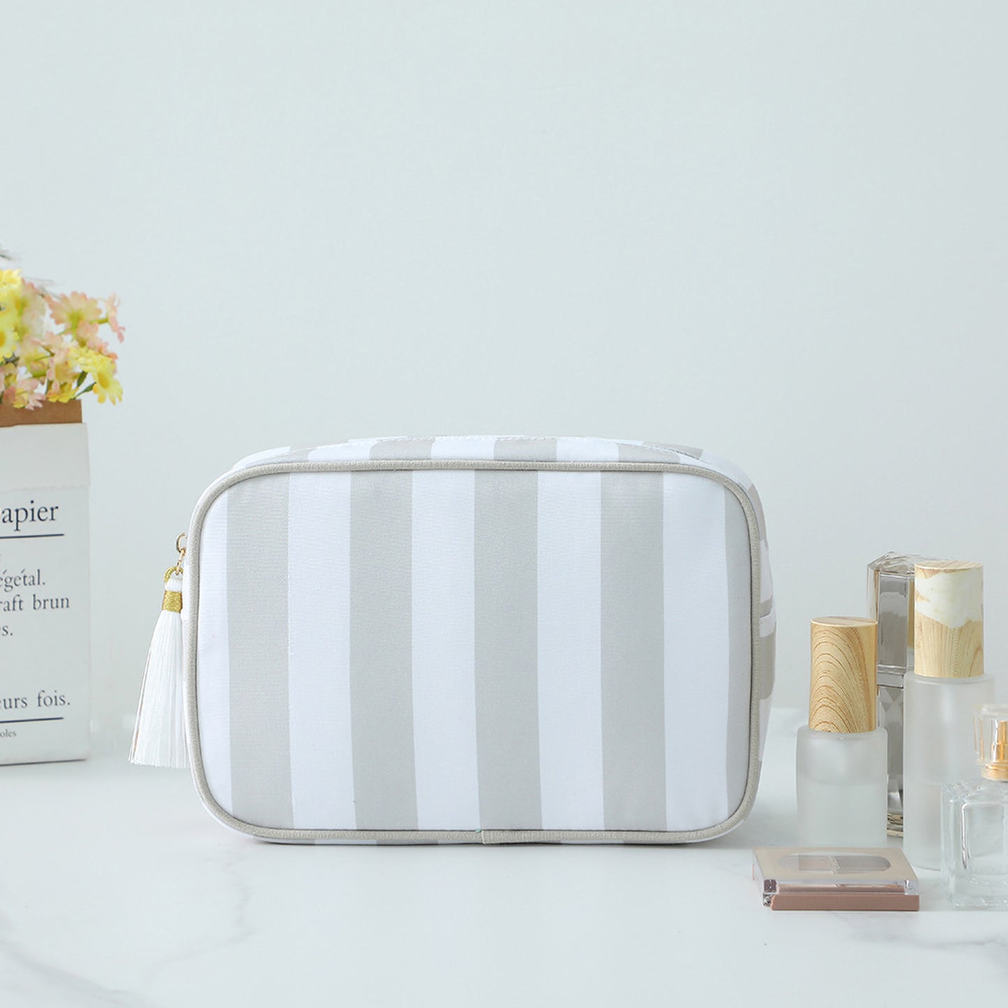 Striped Cosmetic Bag with Tassel-Travel Makeup Organizer Pouch