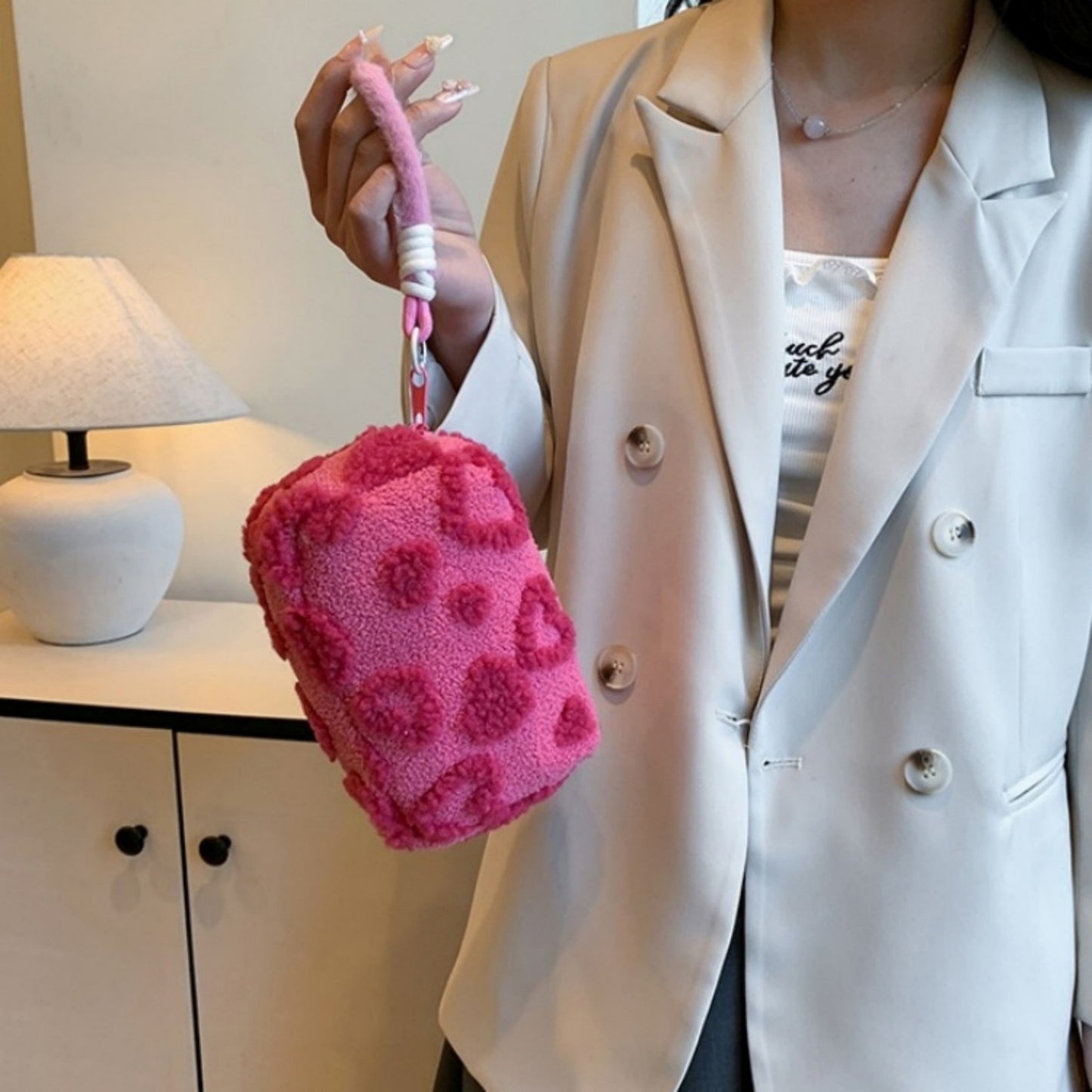 Valentine Heart Texture Plush Zip Pouch with Soft Fuzzy Finish and Wrist Loop