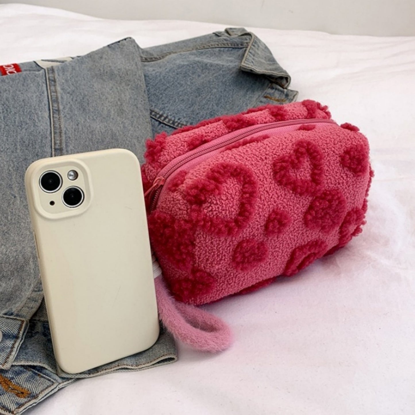 Valentine Heart Texture Plush Zip Pouch with Soft Fuzzy Finish and Wrist Loop