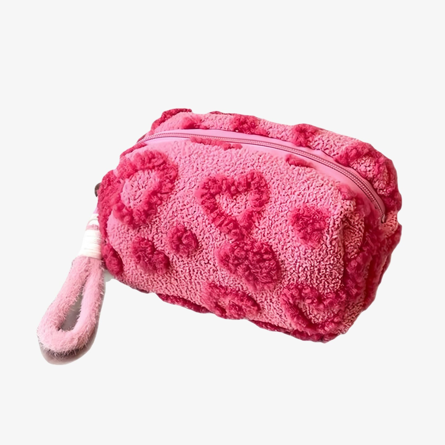 Valentine Heart Texture Plush Zip Pouch with Soft Fuzzy Finish and Wrist Loop