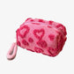 Valentine Heart Texture Plush Zip Pouch with Soft Fuzzy Finish and Wrist Loop
