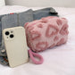 Valentine Heart Texture Plush Zip Pouch with Soft Fuzzy Finish and Wrist Loop