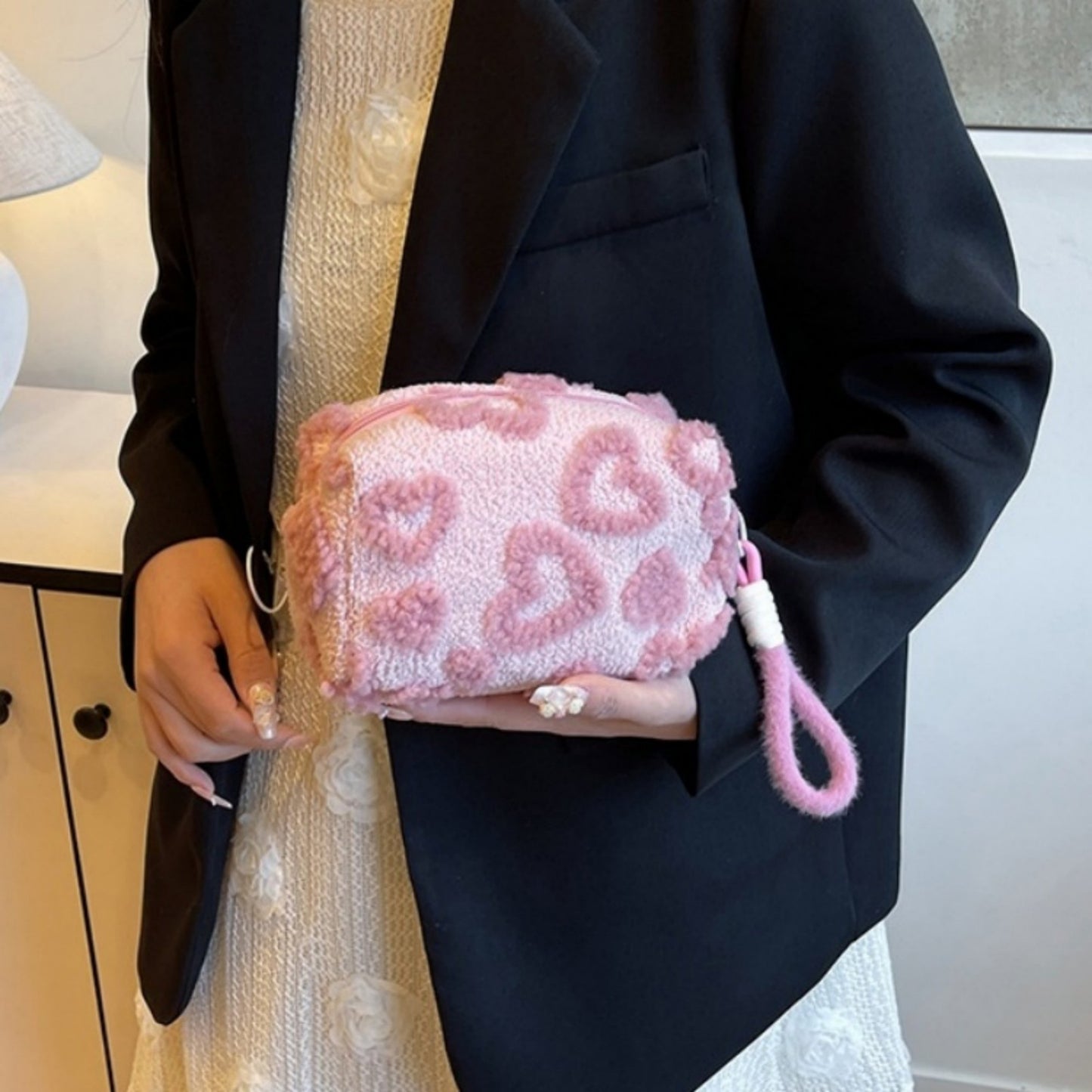 Valentine Heart Texture Plush Zip Pouch with Soft Fuzzy Finish and Wrist Loop