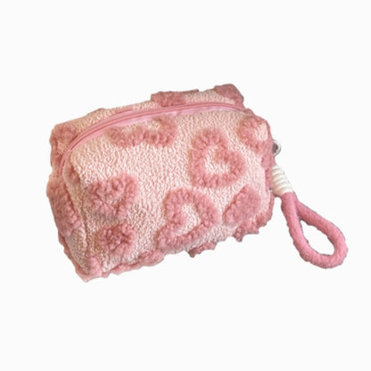 Valentine Heart Texture Plush Zip Pouch with Soft Fuzzy Finish and Wrist Loop