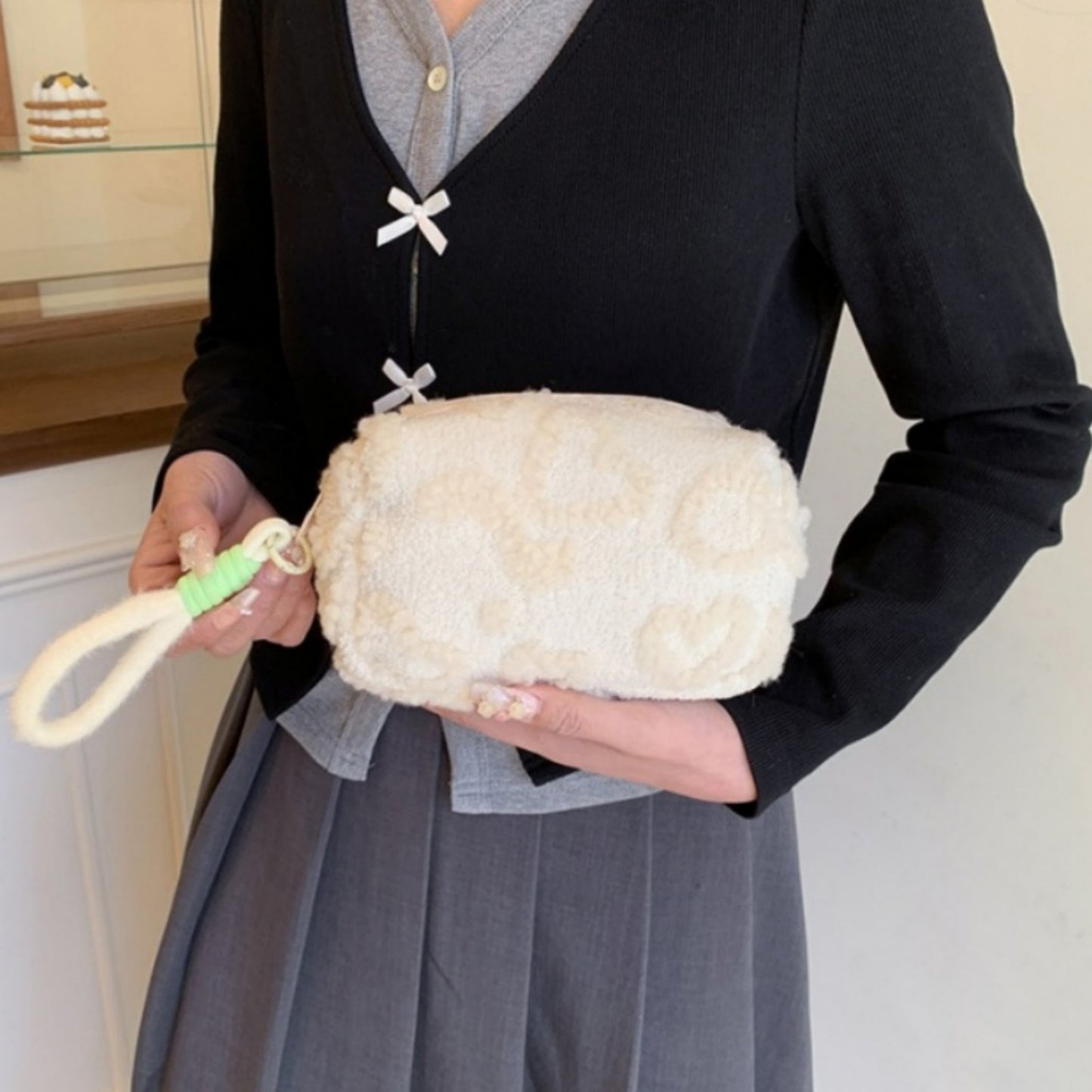 Valentine Heart Texture Plush Zip Pouch with Soft Fuzzy Finish and Wrist Loop