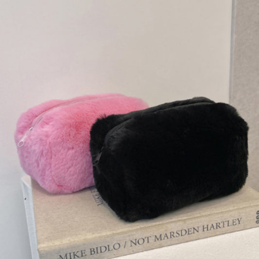 Faux Shearling Soft Fashion Zip Pouch Clutch with Plush Texture and Structured Shape