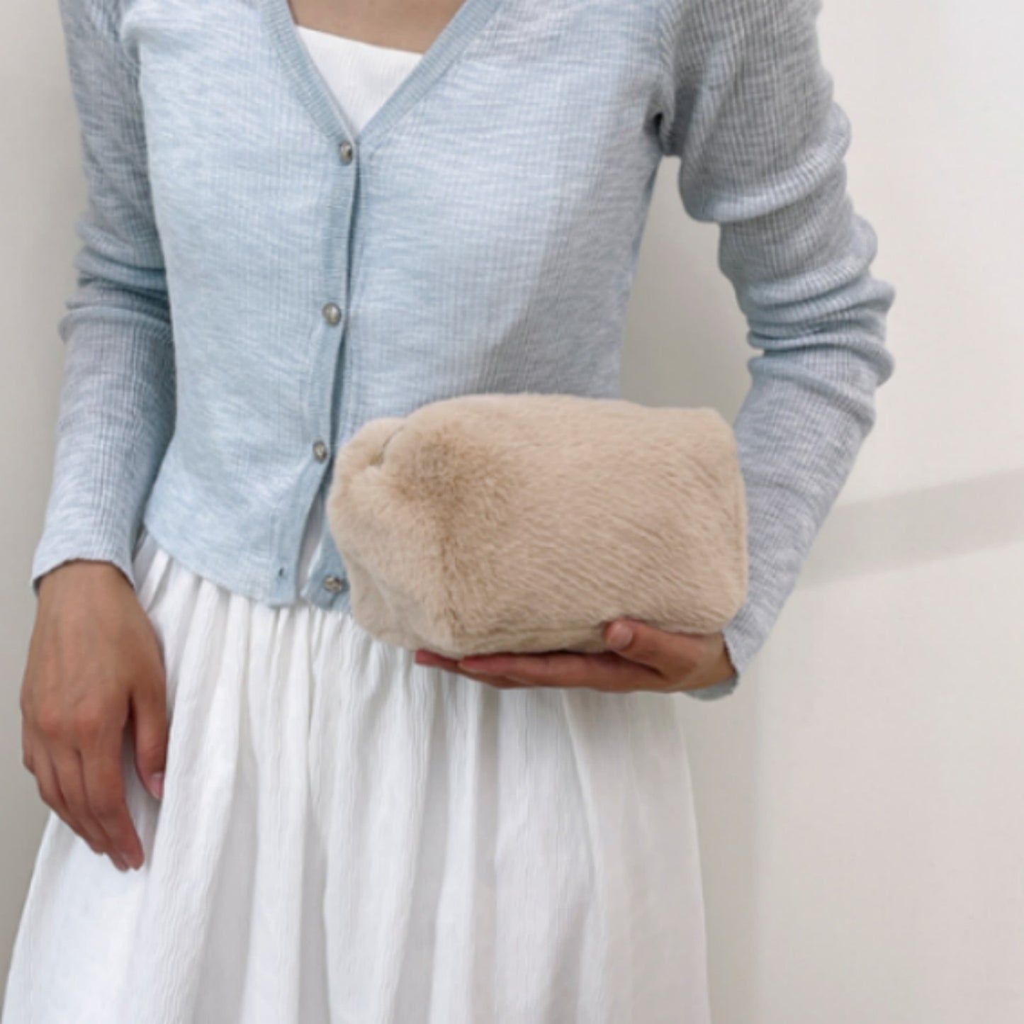 Faux Shearling Soft Fashion Zip Pouch Clutch with Plush Texture and Structured Shape
