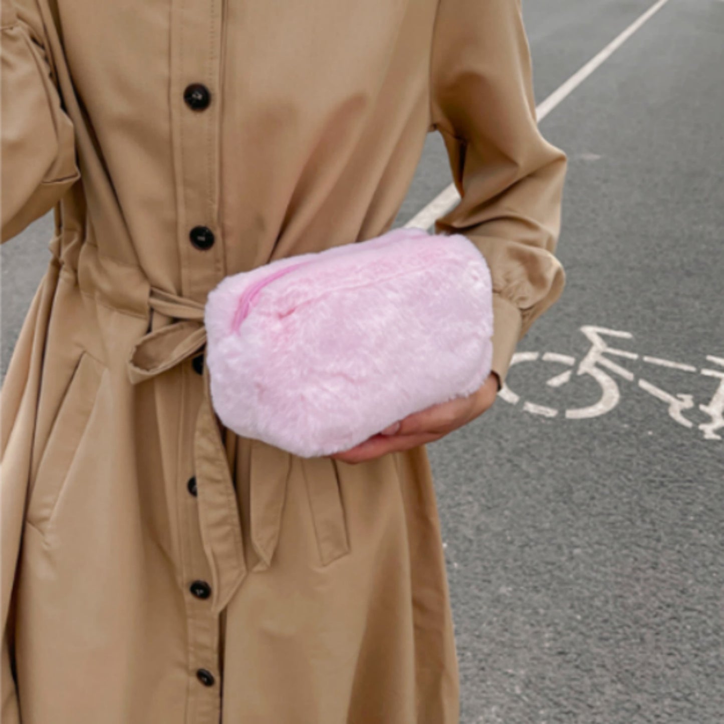 Faux Shearling Soft Fashion Zip Pouch Clutch with Plush Texture and Structured Shape