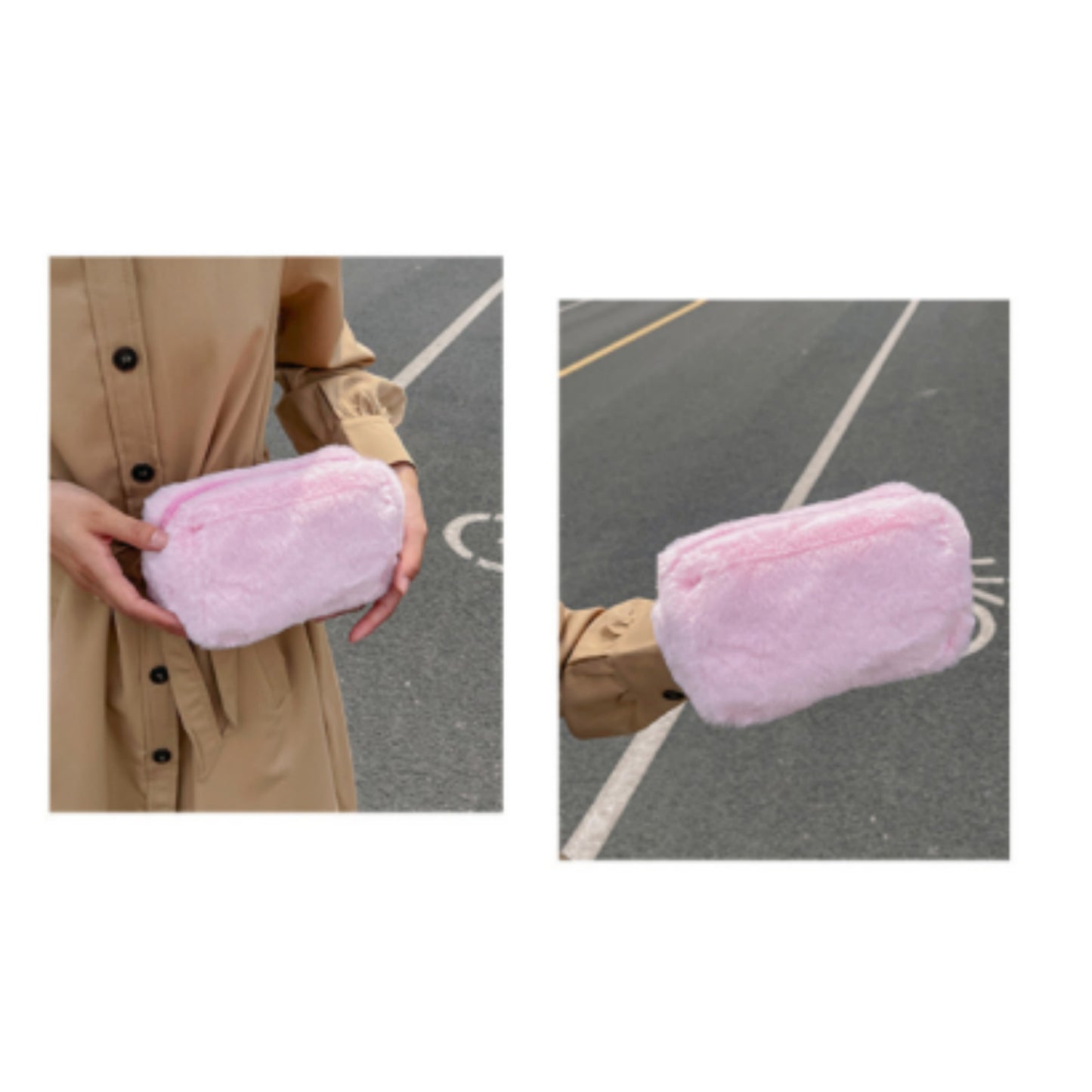 Faux Shearling Soft Fashion Zip Pouch Clutch with Plush Texture and Structured Shape