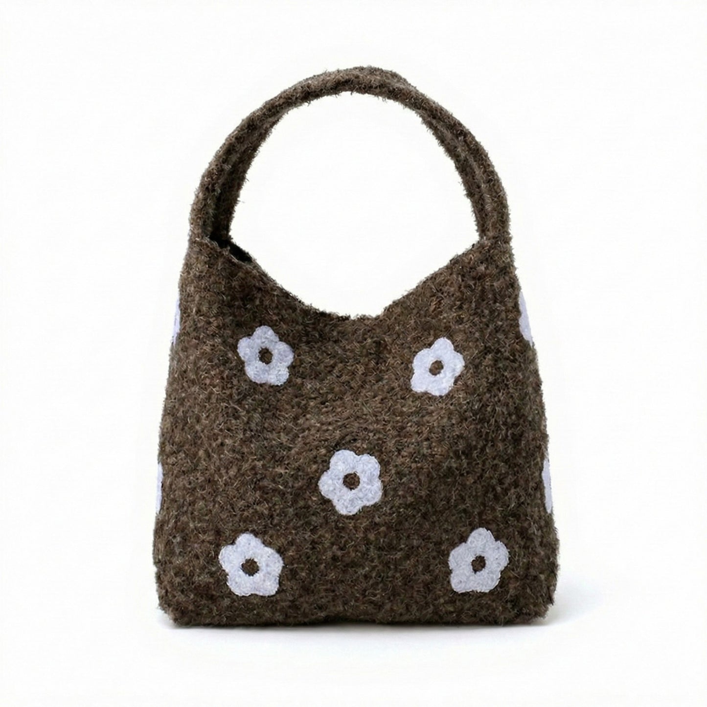 Floral Applique Felt Hobo Shoulder Bag with Soft Structured Body and Top Handle