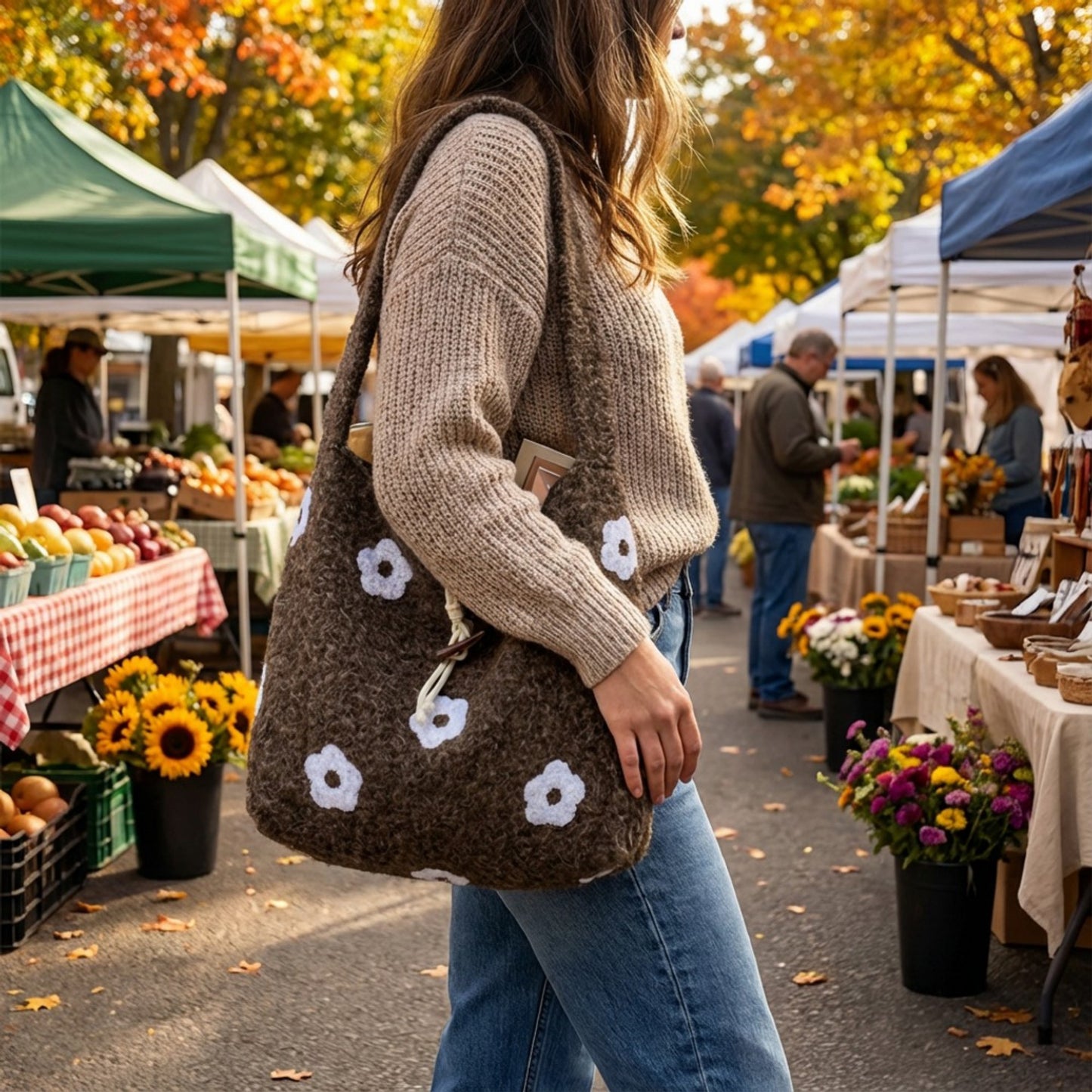 Floral Applique Felt Hobo Shoulder Bag with Soft Structured Body and Top Handle