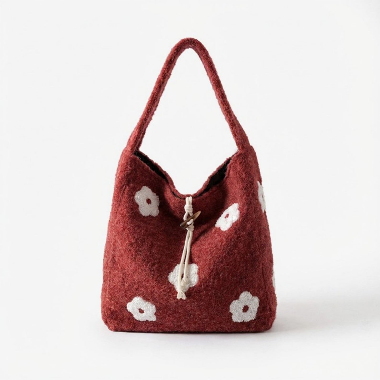Floral Applique Felt Hobo Shoulder Bag with Soft Structured Body and Top Handle