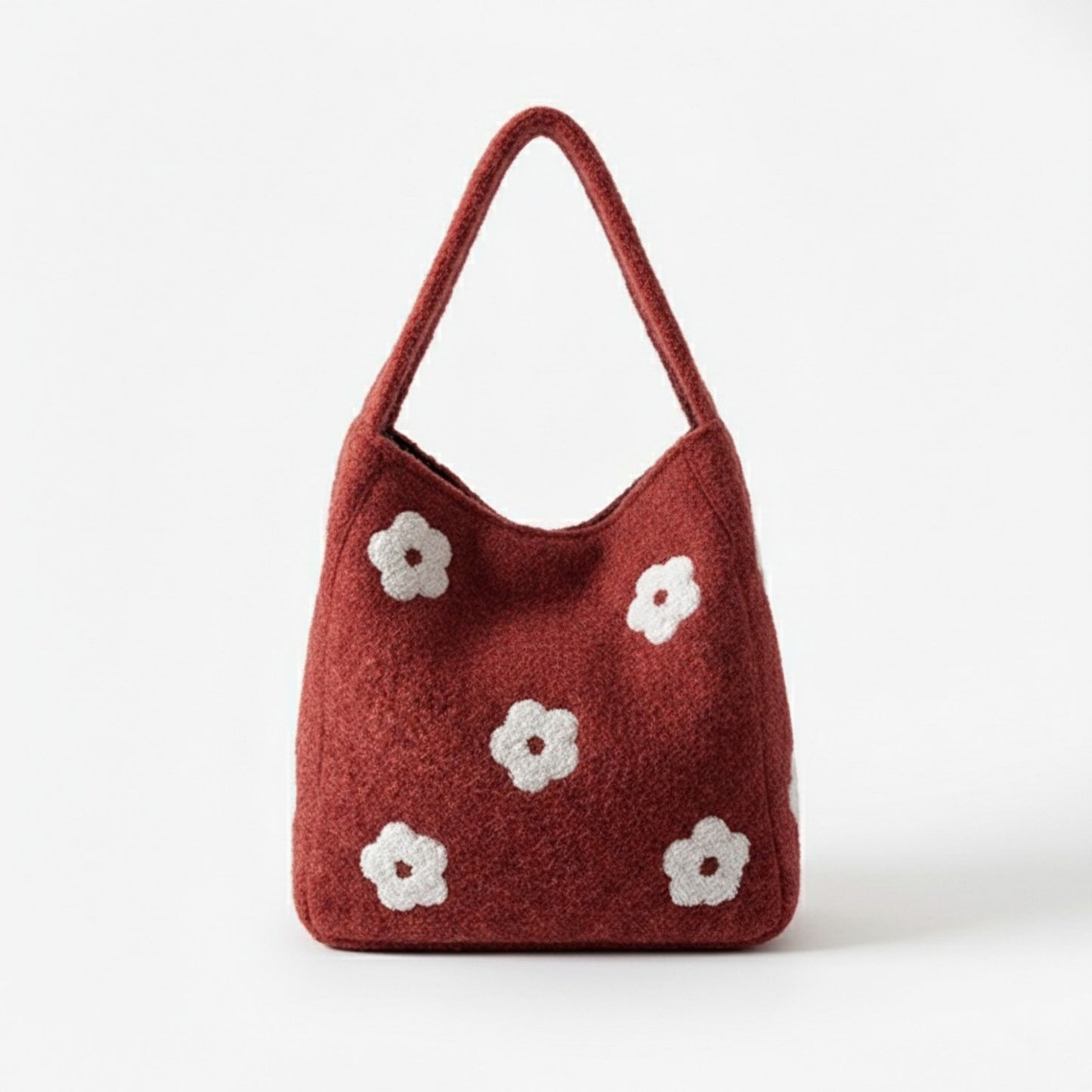 Floral Applique Felt Hobo Shoulder Bag with Soft Structured Body and Top Handle