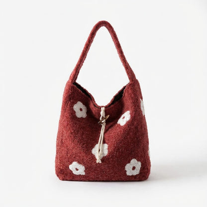 Floral Applique Felt Hobo Shoulder Bag with Soft Structured Body and Top Handle