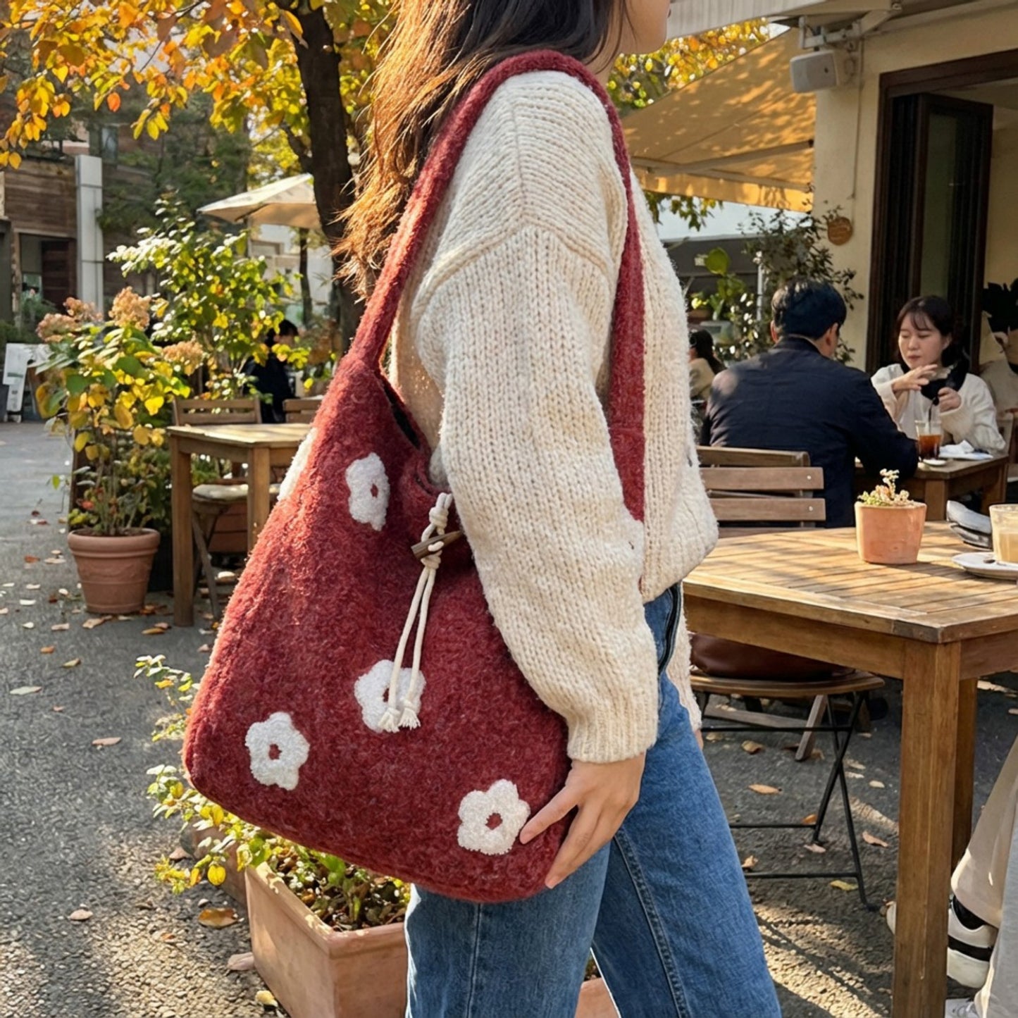 Floral Applique Felt Hobo Shoulder Bag with Soft Structured Body and Top Handle