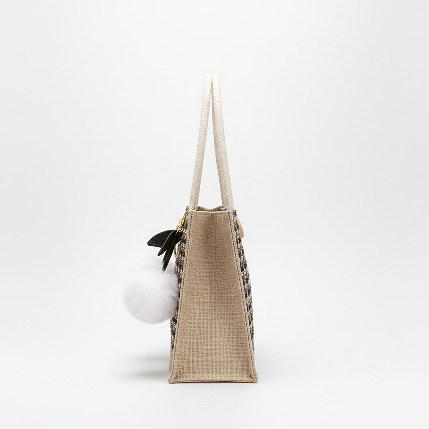 Woven Mini Tote Handbag with Pom Pom Charm and Top Handle