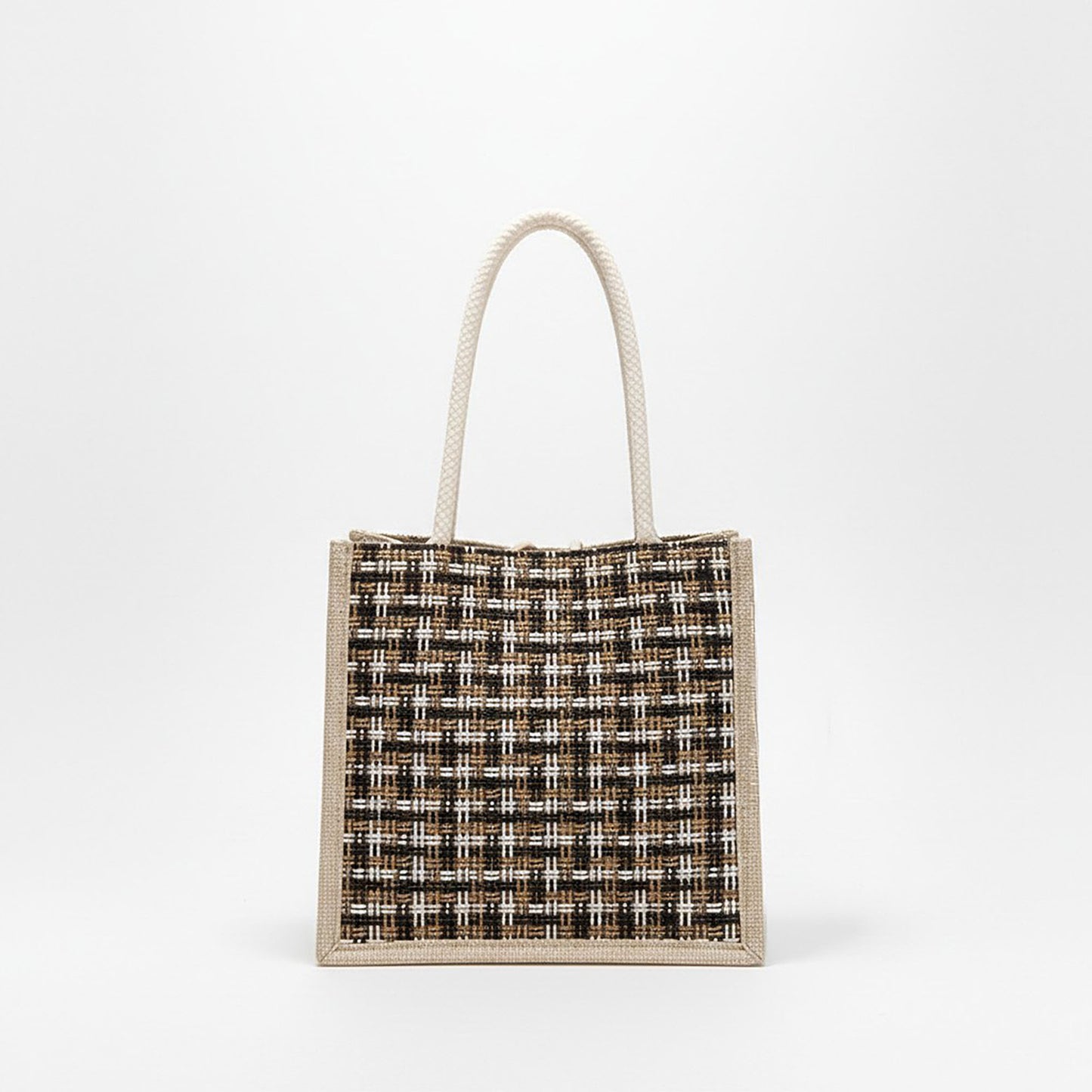 Woven Mini Tote Handbag with Pom Pom Charm and Top Handle
