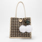 Woven Mini Tote Handbag with Pom Pom Charm and Top Handle