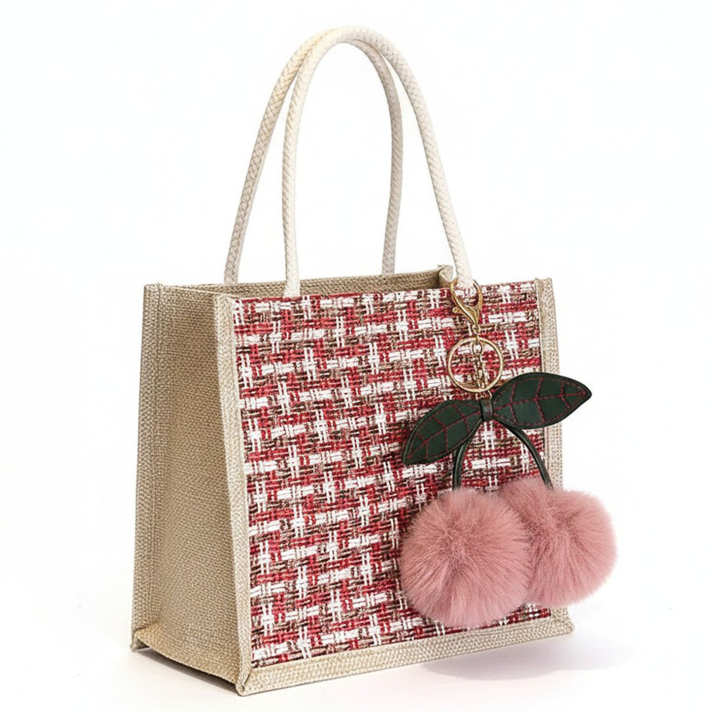 Woven Mini Tote Handbag with Pom Pom Charm and Top Handle