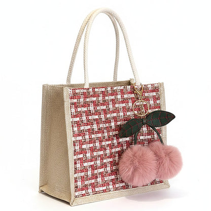 Woven Mini Tote Handbag with Pom Pom Charm and Top Handle