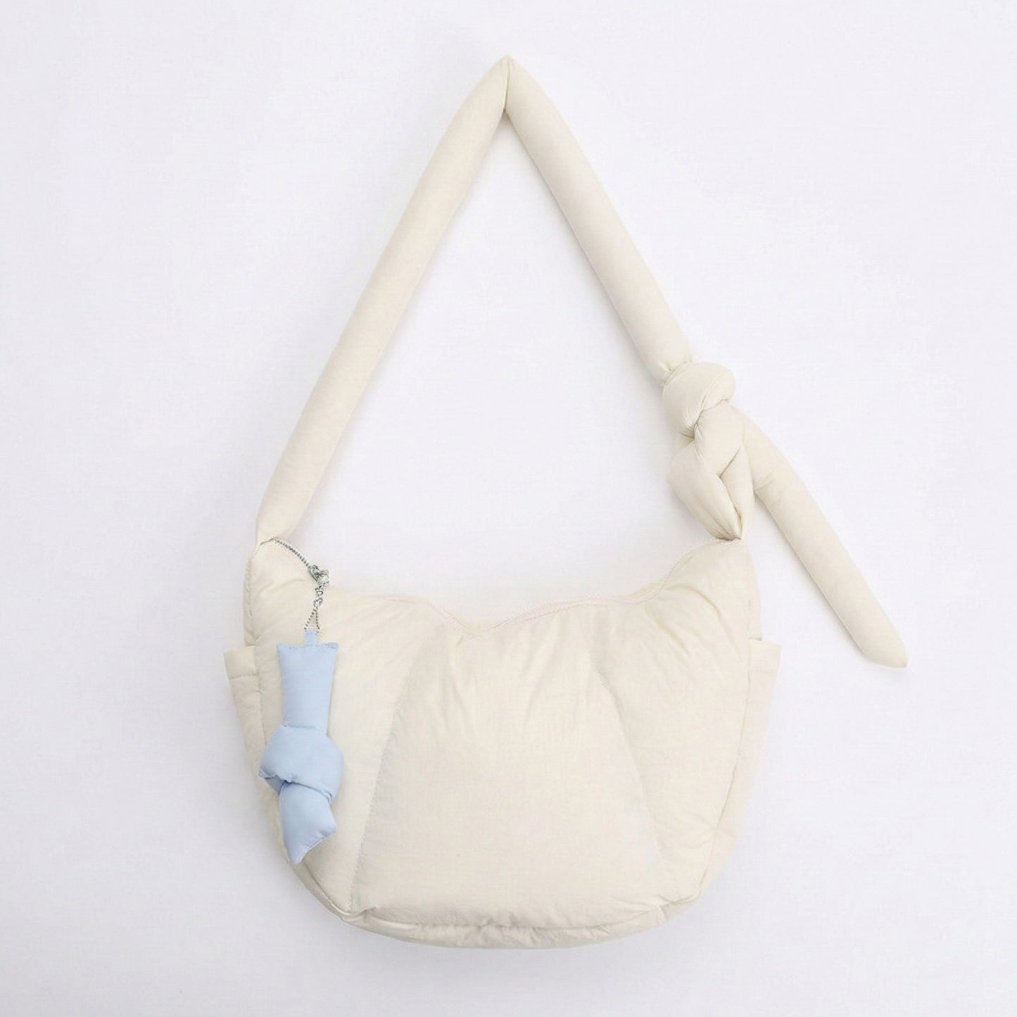 Padded Shoulder Bag with Adjustable Knotted Strap Soft Quilted Texture and Zipper Closure