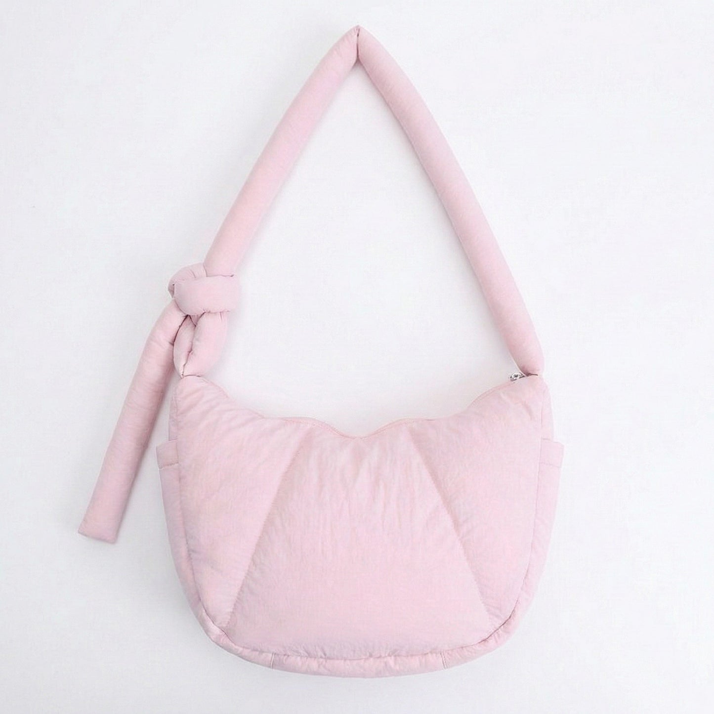 Padded Shoulder Bag with Adjustable Knotted Strap Soft Quilted Texture and Zipper Closure