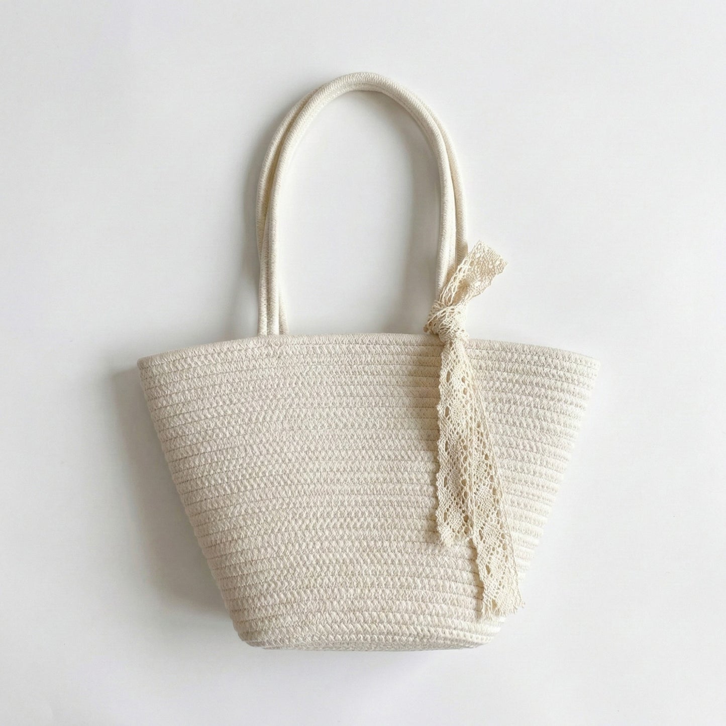 Crochet Tote Bag with Structured Silhouette Double Shoulder Handles and Lace Tie Accent