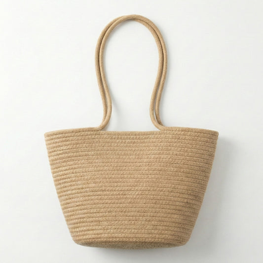 Crochet Tote Bag with Structured Silhouette Double Shoulder Handles and Lace Tie Accent