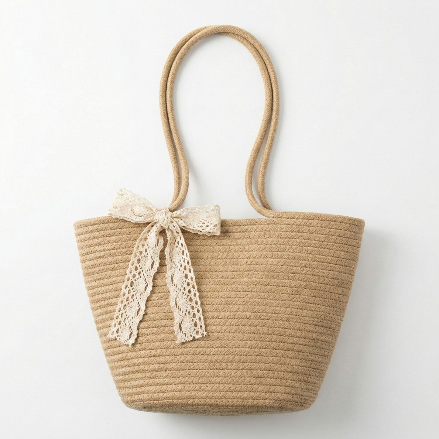 Crochet Tote Bag with Structured Silhouette Double Shoulder Handles and Lace Tie Accent
