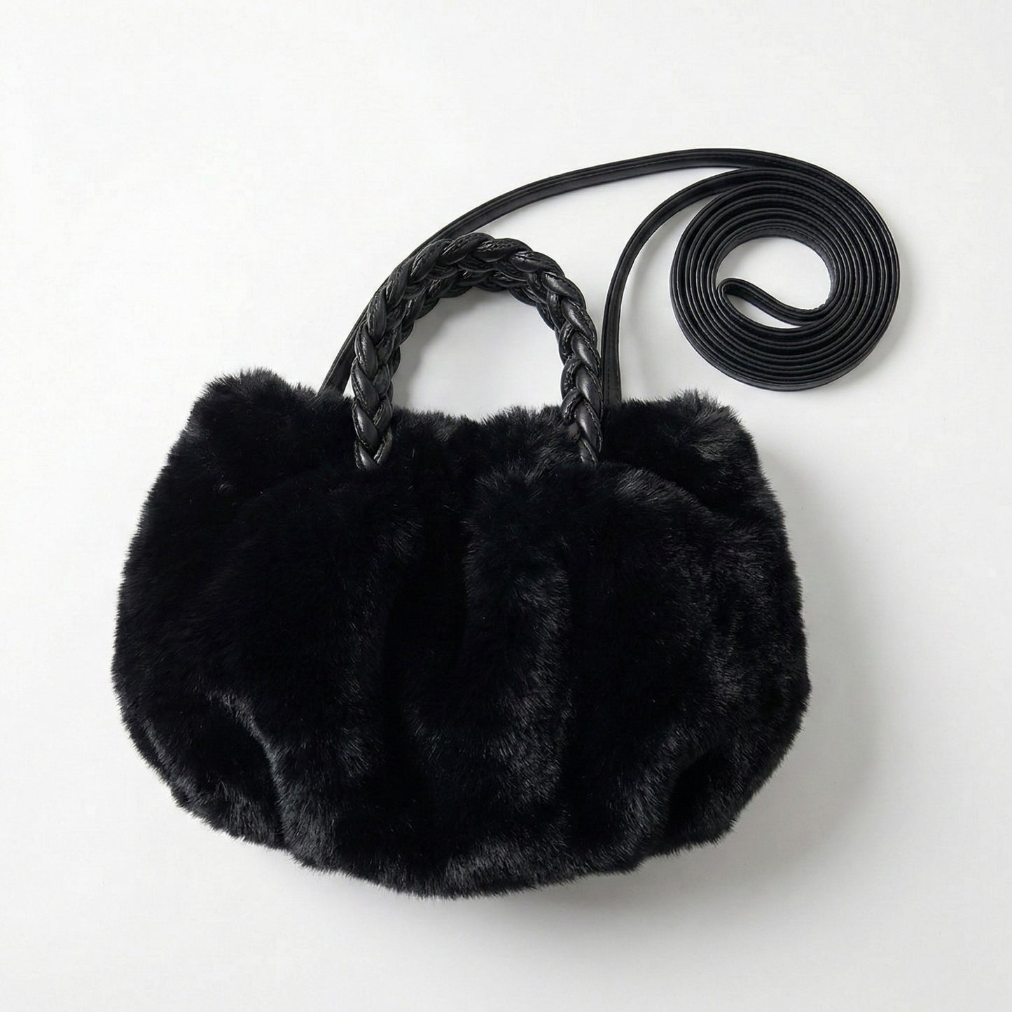 Faux Fur Top Handle Bag with Braided Strap Detail Adjustable Crossbody Cord