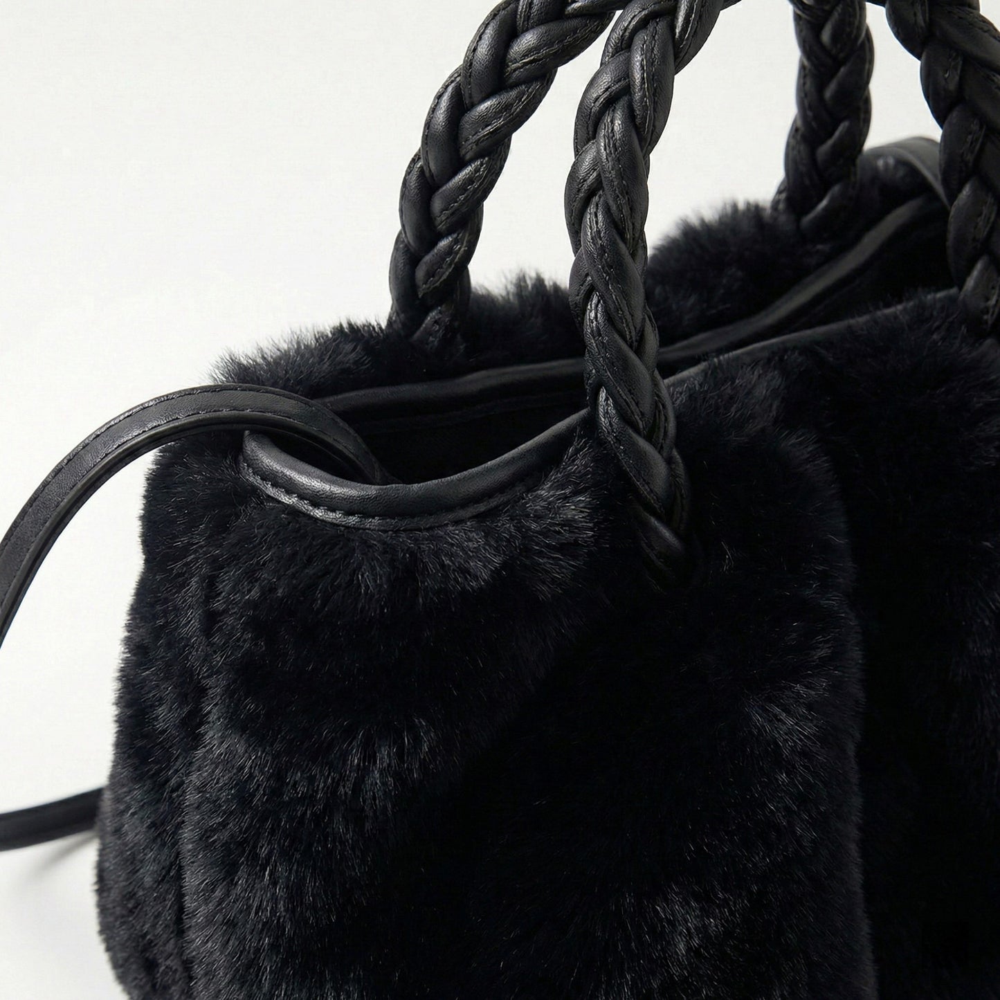 Faux Fur Top Handle Bag with Braided Strap Detail Adjustable Crossbody Cord