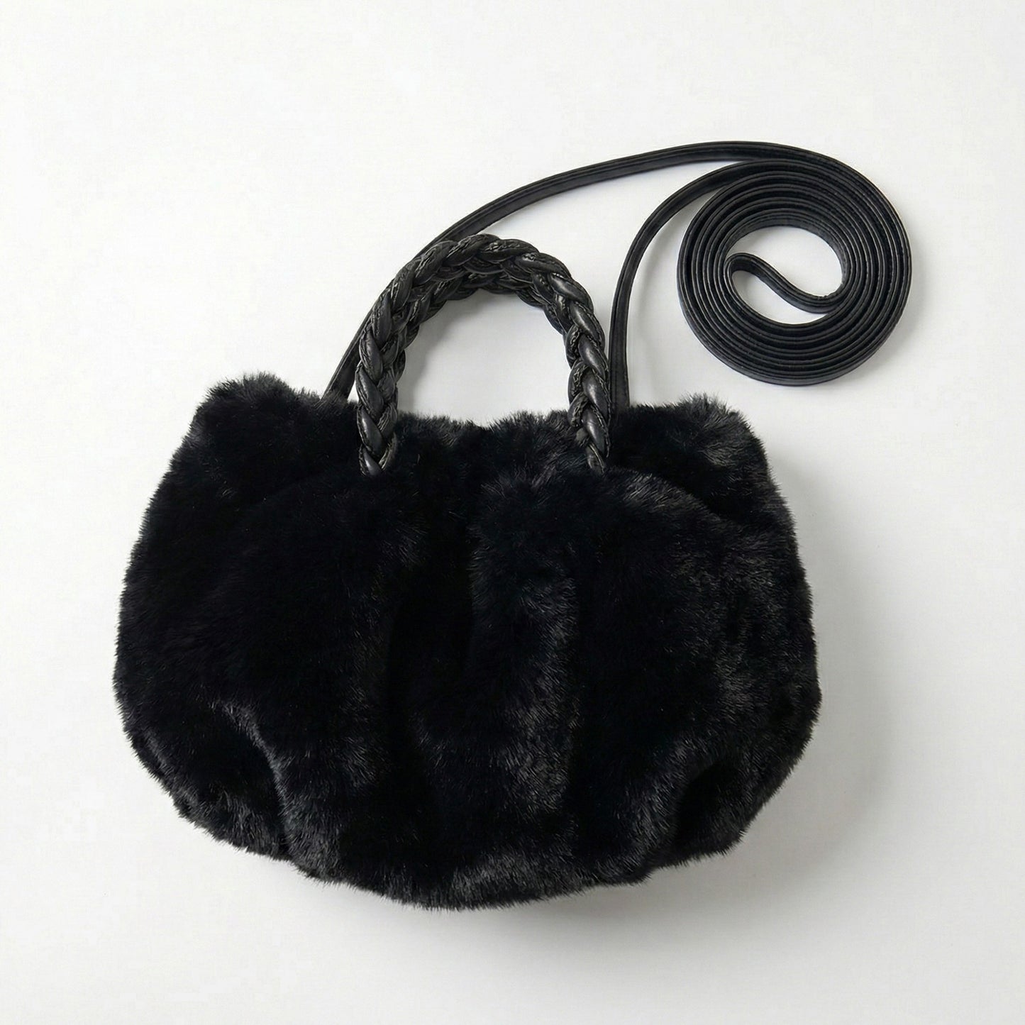 Faux Fur Top Handle Bag with Braided Strap Detail Adjustable Crossbody Cord