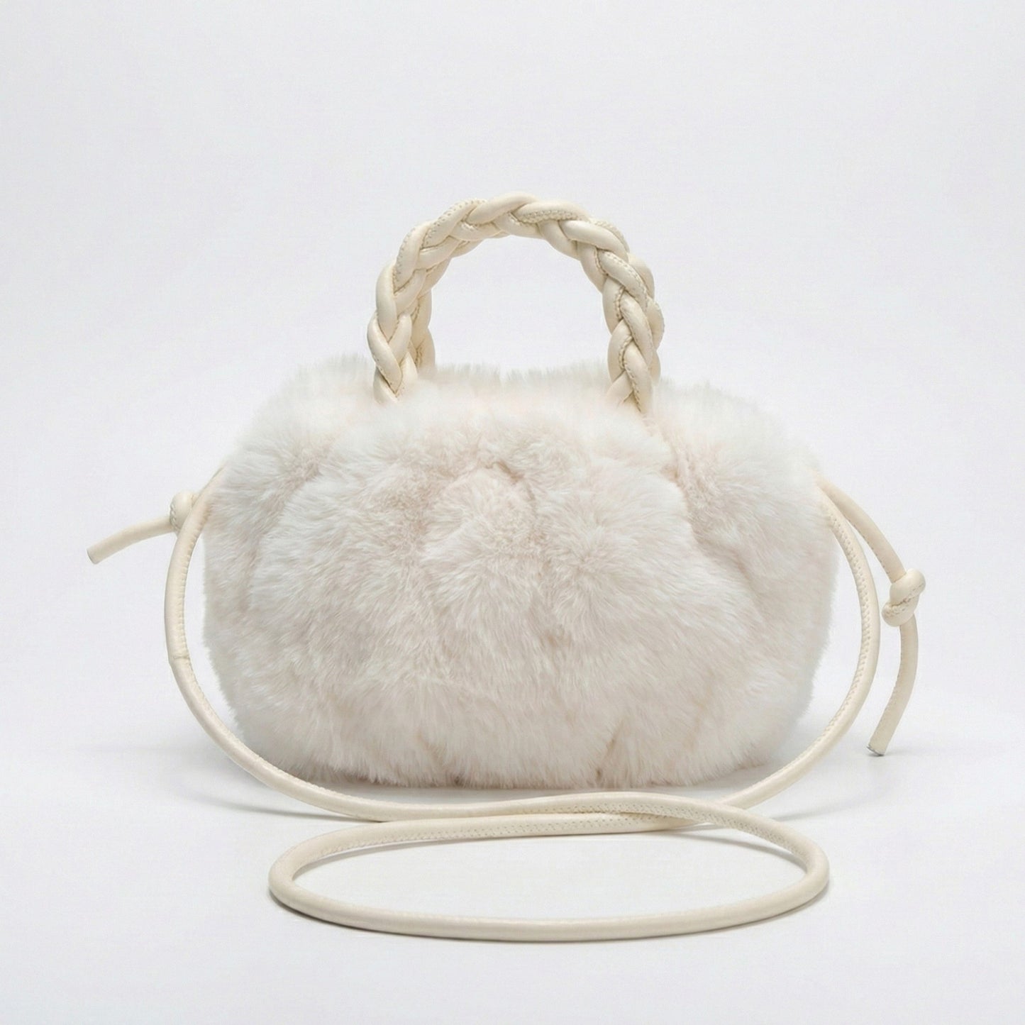 Faux Fur Top Handle Bag with Braided Strap Detail Adjustable Crossbody Cord