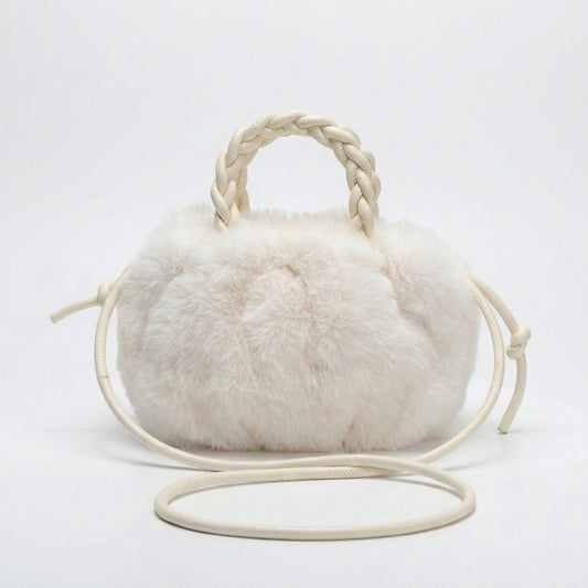 Faux Fur Top Handle Bag with Braided Strap Detail Adjustable Crossbody Cord