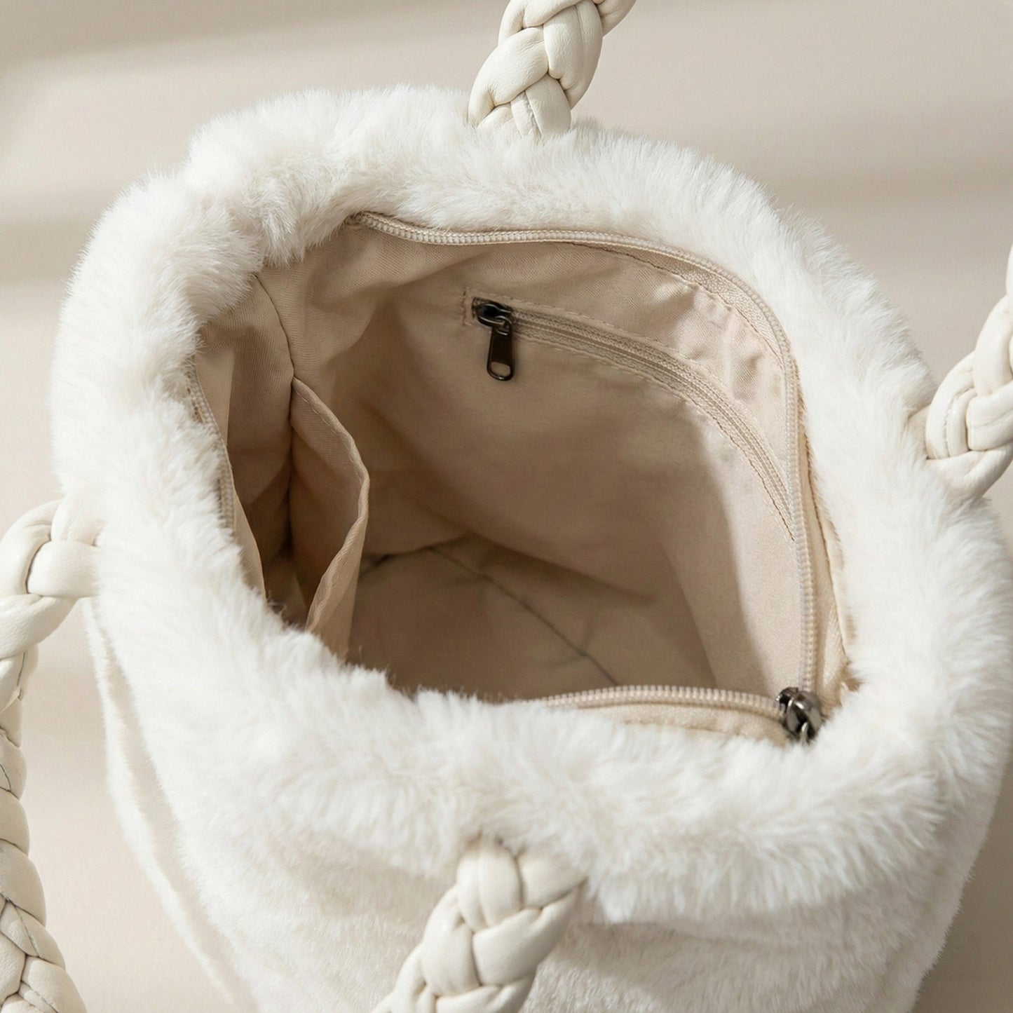 Faux Fur Top Handle Bag with Braided Strap Detail Adjustable Crossbody Cord