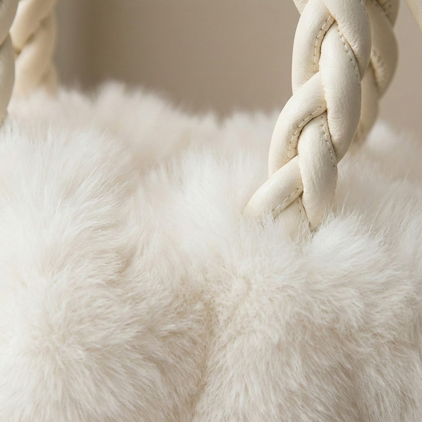 Faux Fur Top Handle Bag with Braided Strap Detail Adjustable Crossbody Cord