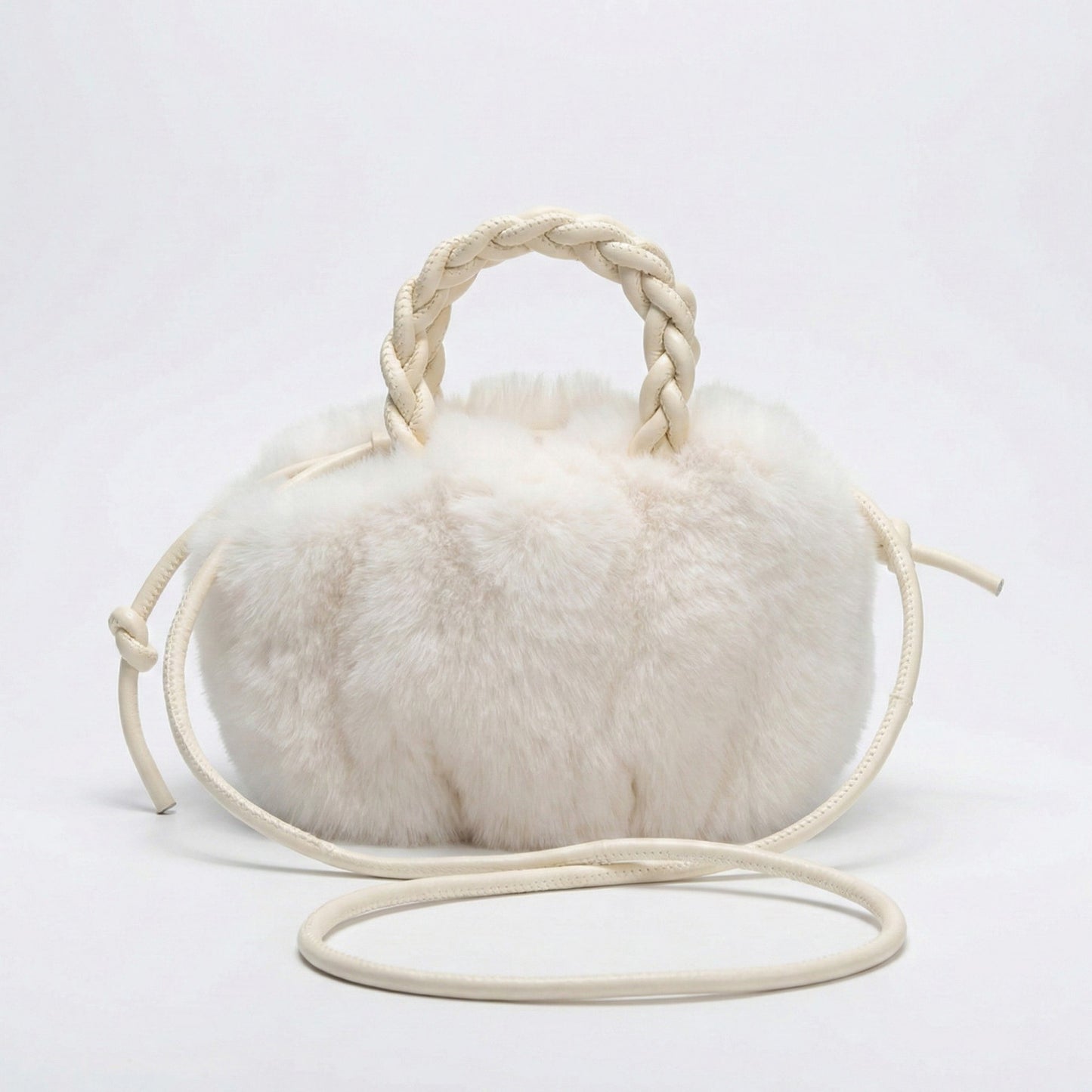 Faux Fur Top Handle Bag with Braided Strap Detail Adjustable Crossbody Cord