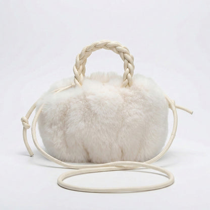 Faux Fur Top Handle Bag with Braided Strap Detail Adjustable Crossbody Cord