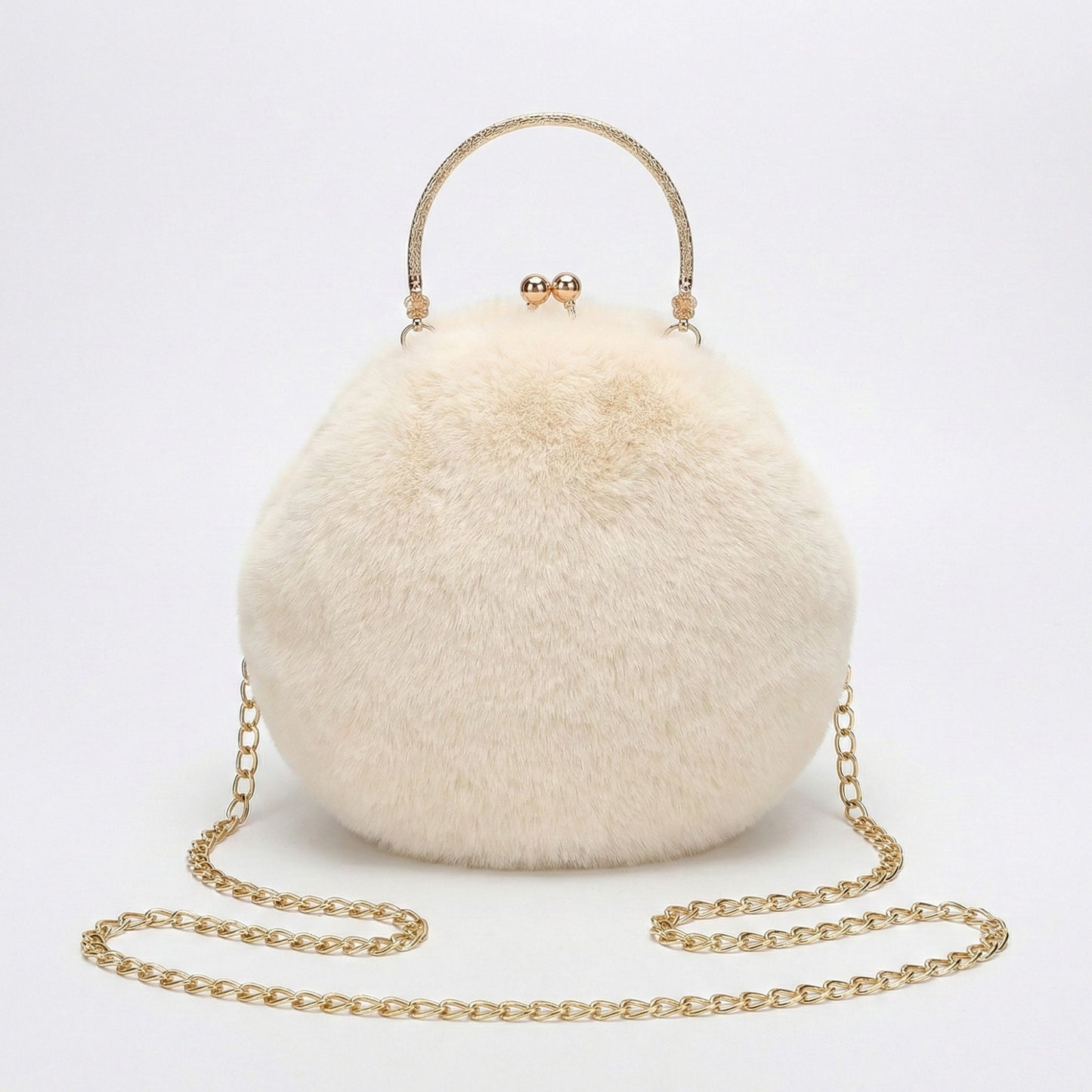 Faux Fur Clutch Handbag with Gold Tone Kiss Lock Closure Top Handle and Chain Strap