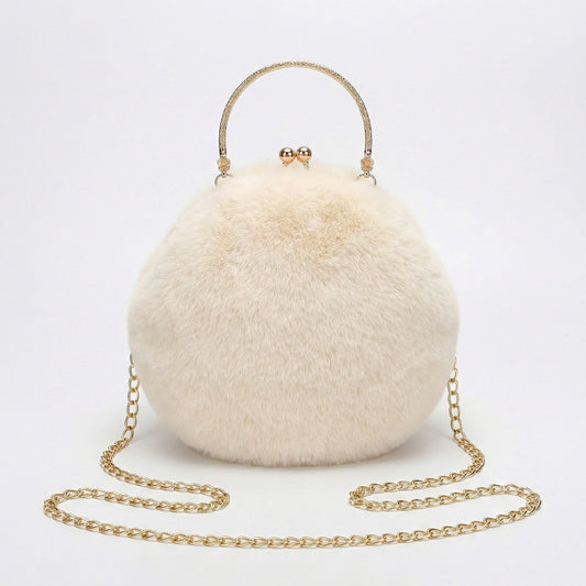Faux Fur Clutch Handbag with Gold Tone Kiss Lock Closure Top Handle and Chain Strap