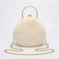 Faux Fur Clutch Handbag with Gold Tone Kiss Lock Closure Top Handle and Chain Strap