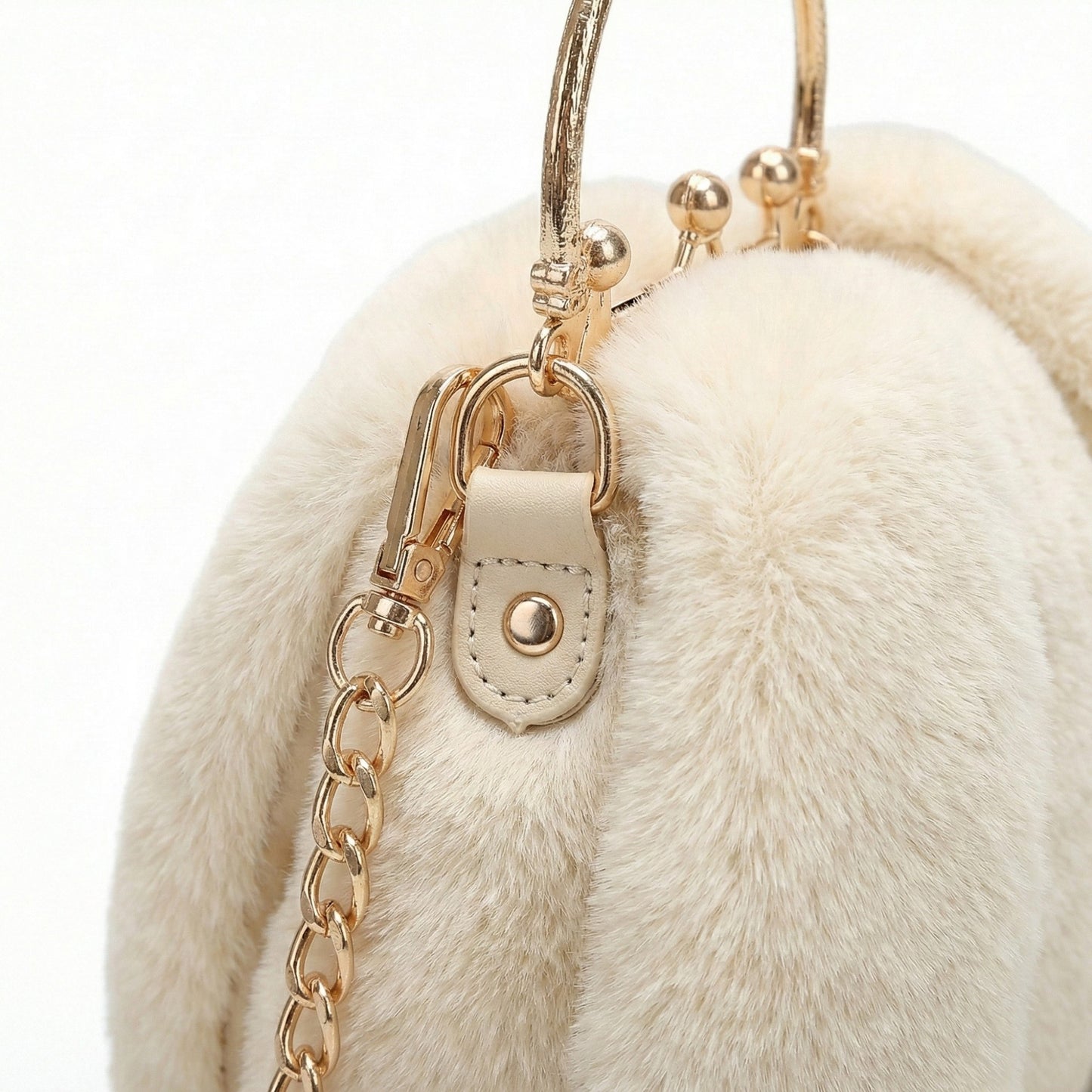 Faux Fur Clutch Handbag with Gold Tone Kiss Lock Closure Top Handle and Chain Strap