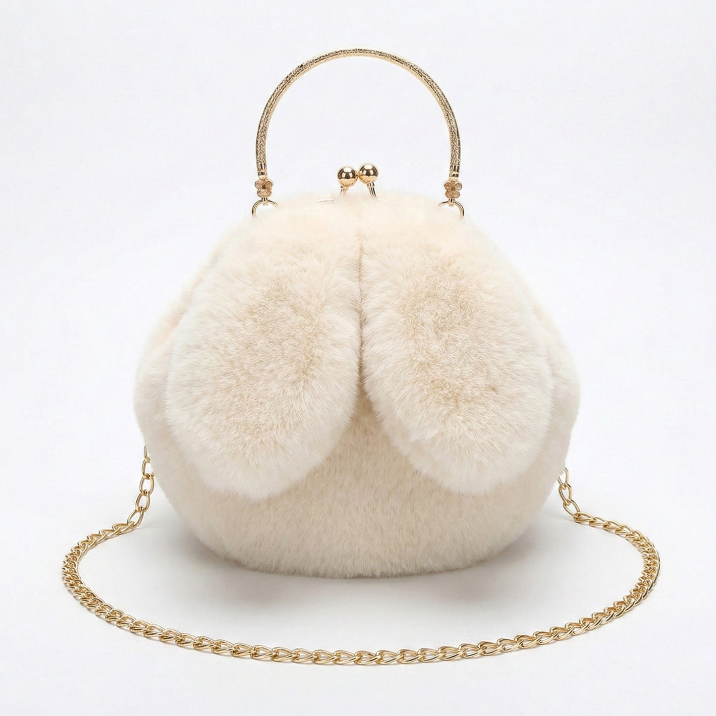 Faux Fur Clutch Handbag with Gold Tone Kiss Lock Closure Top Handle and Chain Strap