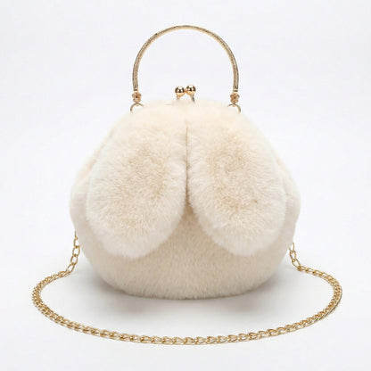 Faux Fur Clutch Handbag with Gold Tone Kiss Lock Closure Top Handle and Chain Strap