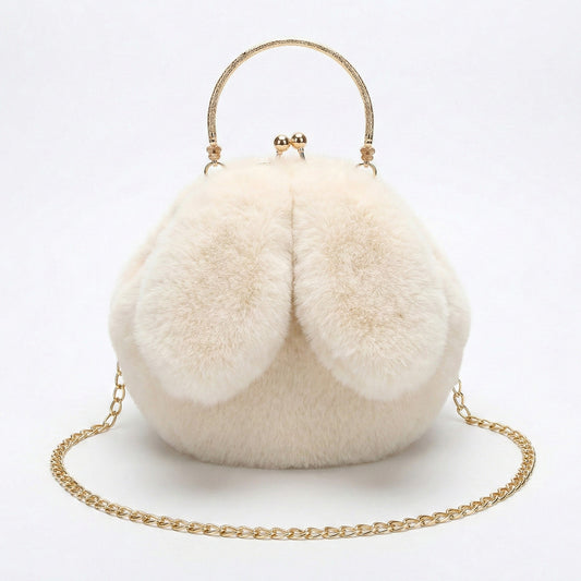 Faux Fur Clutch Handbag with Gold Tone Kiss Lock Closure Top Handle and Chain Strap