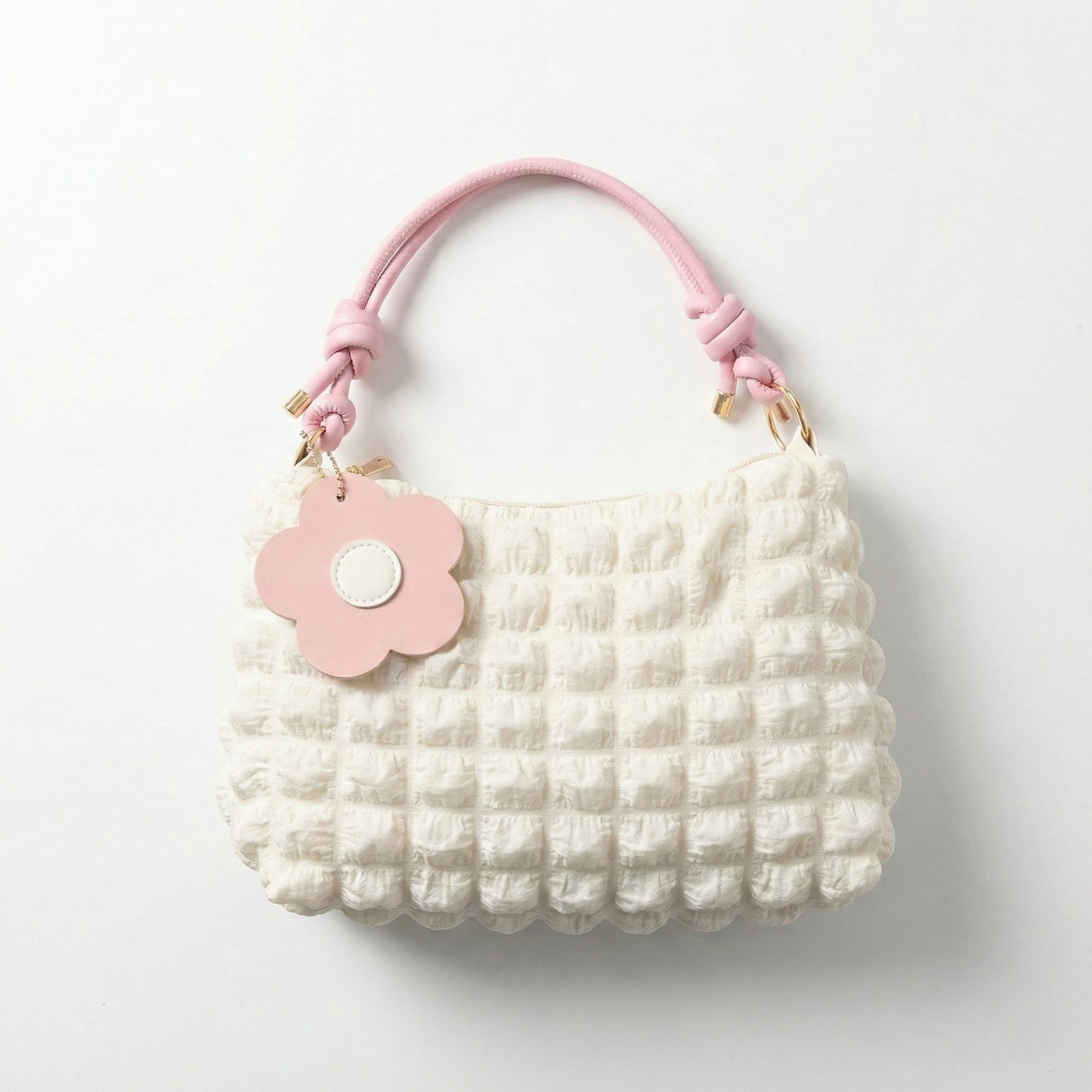 Textured Shoulder Bag with Quilted Bubble Design Contrast Knot Handle